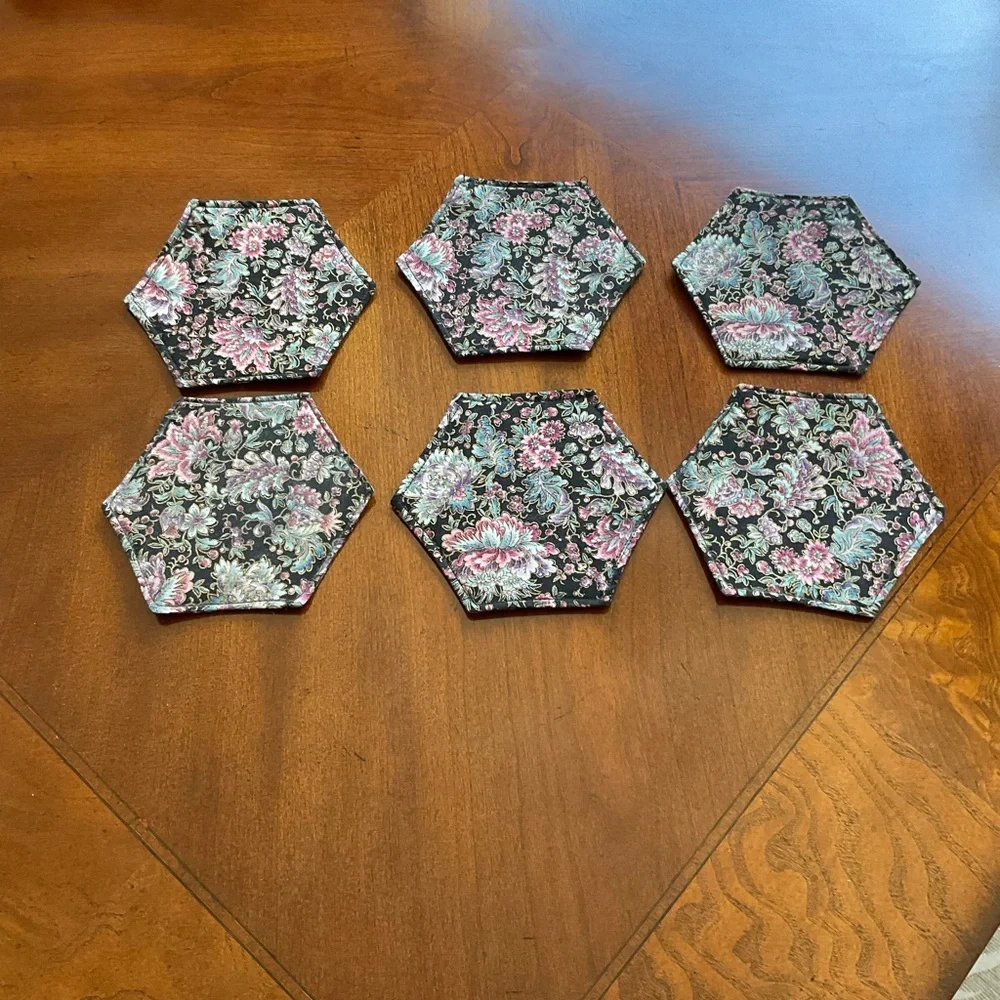 Hand Quilted Floral Hexagon Coasters Two Sided Designs, Set of Six, GORGEOUS NEW
